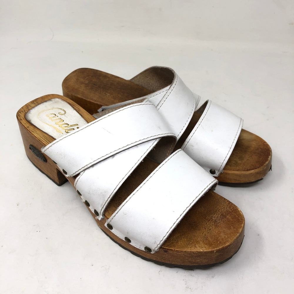 Vintage Candie's Womens 6.5 Clog‎ Sandals White Leather Wood Platform Studded